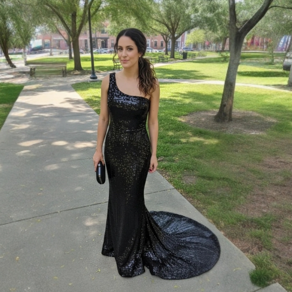 One-Shoulder Midnight Black Sequined Mermaid Gown Size 2